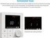 A smart thermostat with a digital display and buttons, shown next to a smaller inset image of its display. Text describes the 'Scheduled Task' feature. Produktbild-Vorschau