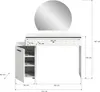 A white vanity table with a round mirror and integrated storage, shown with dimensions. Produktbild-Vorschau