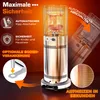 A marketing image of a gas patio heater, highlighting its safety features and quick heating capabilities. Produktbild-Vorschau