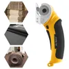 A collage of images showing a cordless electric cutter, stacks of cardboard, and rolls of fabric.
