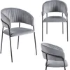 A collage of three views of a gray velvet dining chair with black metal legs. Produktbild-Vorschau
