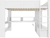 A white loft bed with a desk and shelves underneath, shown from the front. Produktbild-Vorschau