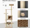 A collage of images showing a multi-level cat tree with various features, including scratching posts, platforms, and a rattan box. Anteprima dell’immagine prodotto