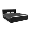 A black upholstered bed with a headboard, two white pillows, and a dark gray comforter on a white background. Produktbild-Vorschau