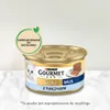 A can of Purina Gourmet Gold cat food with tuna flavor, featuring a white cat illustration and a small portion of the food on a plate. Podgląd zdjęcia produktu