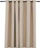 A close-up view of beige curtains hanging from a black curtain rod. Produktbild-Vorschau