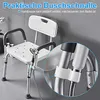A white shower chair with armrests and backrest is shown in a bathroom setting. A close-up inset highlights the shower head holder. Náhľad obrázku produktu