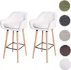 Two white bar stools with wooden legs are shown against a white background. Swatches of different fabric colors are displayed on the right side of the image. Náhled obrázku produktu