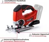A cordless jigsaw is shown with labels pointing out its features. Produktbild-Vorschau