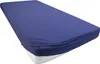 A dark blue fitted sheet is shown on a mattress, viewed from a diagonal angle. Produktbild-Vorschau