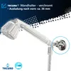 A close-up promotional image of a shower head holder with text overlays. Produktbild-Vorschau