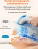 A hand is holding a white and blue cleaning device over a blue fabric surface, with water droplets and steam effects shown. Produktbild-Vorschau