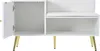 A white shoe cabinet with a padded seat and backrest, and gold legs, shown with one door open. Anteprima dell’immagine prodotto