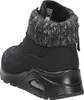 A rear view of a black Skechers sneaker boot with a knitted gray and white cuff. Voir les images du produit