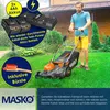 A man is mowing a lawn with a cordless lawnmower, with promotional text and images of batteries and a brush. Produktbild-Vorschau