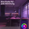 A modern kitchen and dining area with ambient purple lighting, showcasing a smart lamp's color-changing capabilities. Produktbild-Vorschau