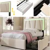 A collage of images showing a bed frame with storage drawers and a headboard with LED lighting, along with close-ups of its components. Podgląd zdjęcia produktu