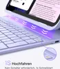 A close-up view of a light purple keyboard and a tablet screen, with purple arrows indicating a connection or feature. Produktbild-Vorschau