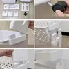Collage of images showing assembly steps and details of a white mobile storage unit with wheels. Produktbild-Vorschau