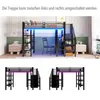 A loft bed with a desk and shelves, shown in a room setting and as separate diagrams illustrating different configurations. Podgląd zdjęcia produktu
