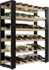 A multi-tiered wooden wine rack filled with various bottles of wine. Produktbild-Vorschau