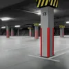 An empty parking garage with pillars marked with numbers and safety stripes. Produktbild-Vorschau