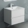 A white wall-mounted bathroom vanity with a sink and faucet. Produktbild-Vorschau