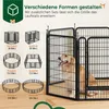 A golden retriever dog is inside a black metal dog playpen. The image also shows diagrams of different configurations of the playpen. Produktbild-Vorschau