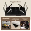 Collage showing a laptop table's features: folded legs, serving tray use, compact storage, and portability. Podgląd zdjęcia produktu