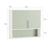 A white cabinet with green doors and a green shelf, with dimensions indicated by text and lines. Náhled obrázku produktu
