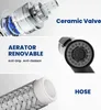 A collage of close-up images highlighting different components of a kitchen faucet, with accompanying text labels. Produktbild-Vorschau