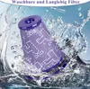 A purple vacuum cleaner filter is shown submerged in splashing water. Produktbild-Vorschau