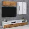A modern living room entertainment unit with a wall-mounted shelf, television, and a long media console against a concrete wall. Voir les images du produit