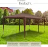 A brown gazebo set up on a green lawn with trees and a building in the background. Produktbild-Vorschau