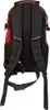 The back of a red and black backpack is shown against a white background. Produktbild-Vorschau