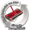 A red electric broom is shown with a circular arrow graphic indicating 360-degree rotation and text highlighting its maneuverability. Produktbild-Vorschau