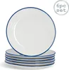 A stack of white dessert plates with blue rims, with one plate slightly offset on top. Produktbild-Vorschau