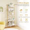 A white and gold 5-tier ladder shelf is displayed in a room with a yellow chair and a framed picture on the wall. The shelf is decorated with books, vases, a globe, and plants. Text overlays describe the shelf's features and uses. Produktbild-Vorschau