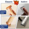A collage image comparing two types of chair leg protectors, highlighting the features of the product on the left with German text labels. Produktbild-Vorschau