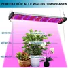 A grow light is shown suspended above several potted plants, with lines indicating light intensity at different distances. Náhled obrázku produktu