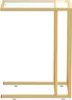 A product shot of a C-shaped side table with a glass top and gold metal frame. Produktbild-Vorschau