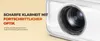 Close-up of a projector lens with marketing text on the left. Produktbild-Vorschau