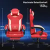 Two views of a red gaming chair with white accents, showing dimensions and maximum load capacity. Náhled obrázku produktu