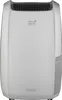 A front view of a white De'Longhi dehumidifier with a gray accent on the side. The top has a black vent and the brand name is visible on the front. Voir les images du produit