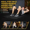 A man is doing sit-ups on a black exercise mat, with text overlay describing its uses. Below are three smaller images of people using similar mats for different exercises. Produktbild-Vorschau