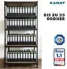 A black metal shelving unit filled with black binders, with marketing text and logos on the right side. Produktbild-Vorschau