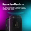 A close-up marketing image of a portable speaker, highlighting its bass reflex feature with text and graphics. Produktbild-Vorschau