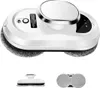 A white robotic window cleaner with gray cleaning pads is shown against a white background. Below the main product, there are two smaller images: one of a suction cup and another of two cleaning pads. Produktbild-Vorschau