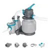 A Bestway Sandfilterpumpe Flowclear 6.056 L/h 58497 is shown against a white background. Several smaller accessory parts are displayed below the main unit. Produktbild-Vorschau