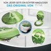 A collage of images showcasing a toilet seat with a green leaf and water drop design, presented from different angles and in context with a toilet. Produktbild-Vorschau